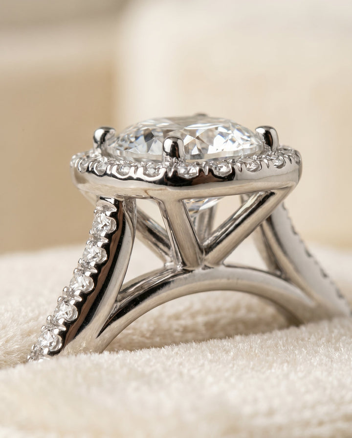 Sonata Select Graduated Shank Pave Halo Cushion in Platinum – view 4