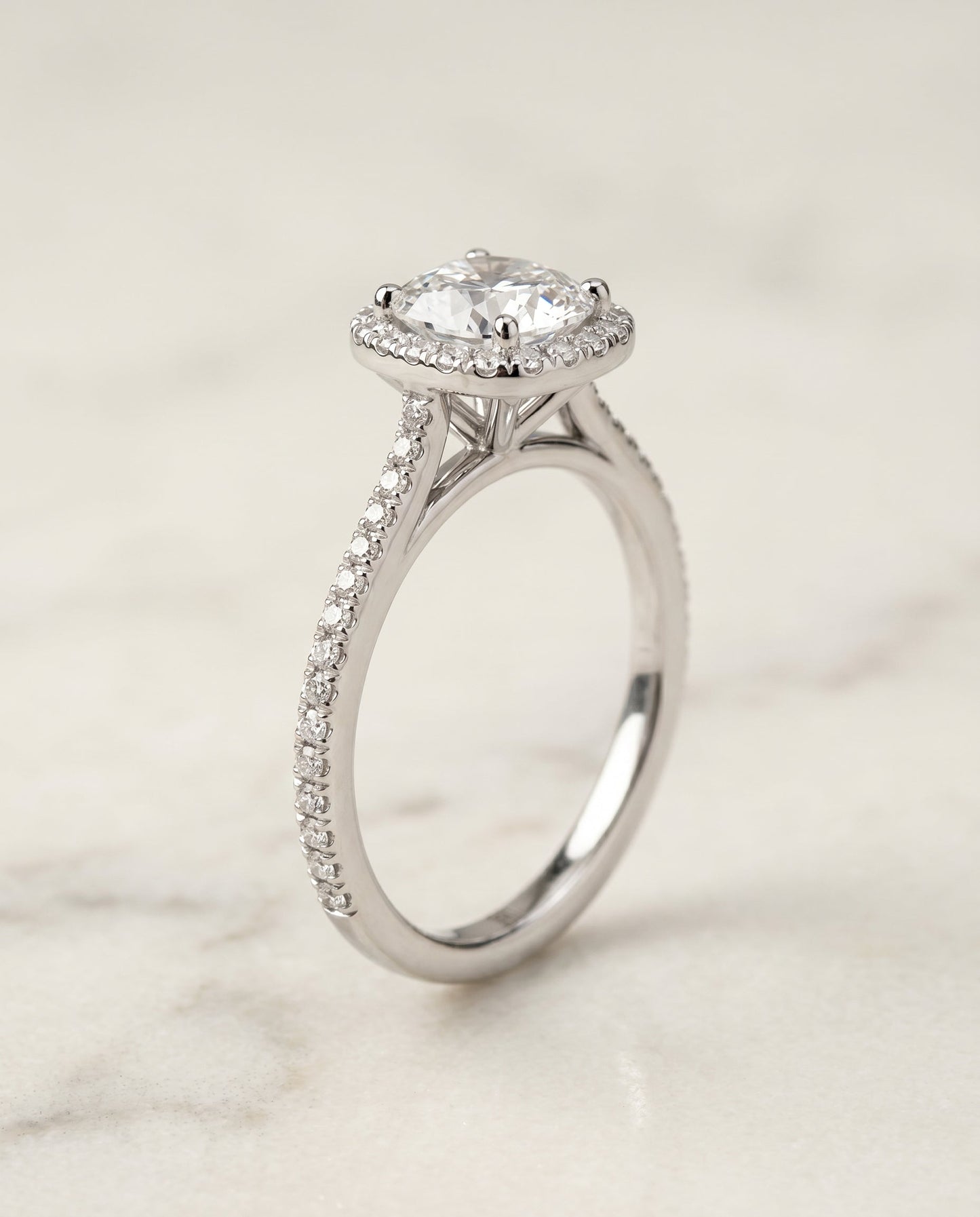 Sonata Select Graduated Shank Pave Halo Cushion in Platinum – view 2