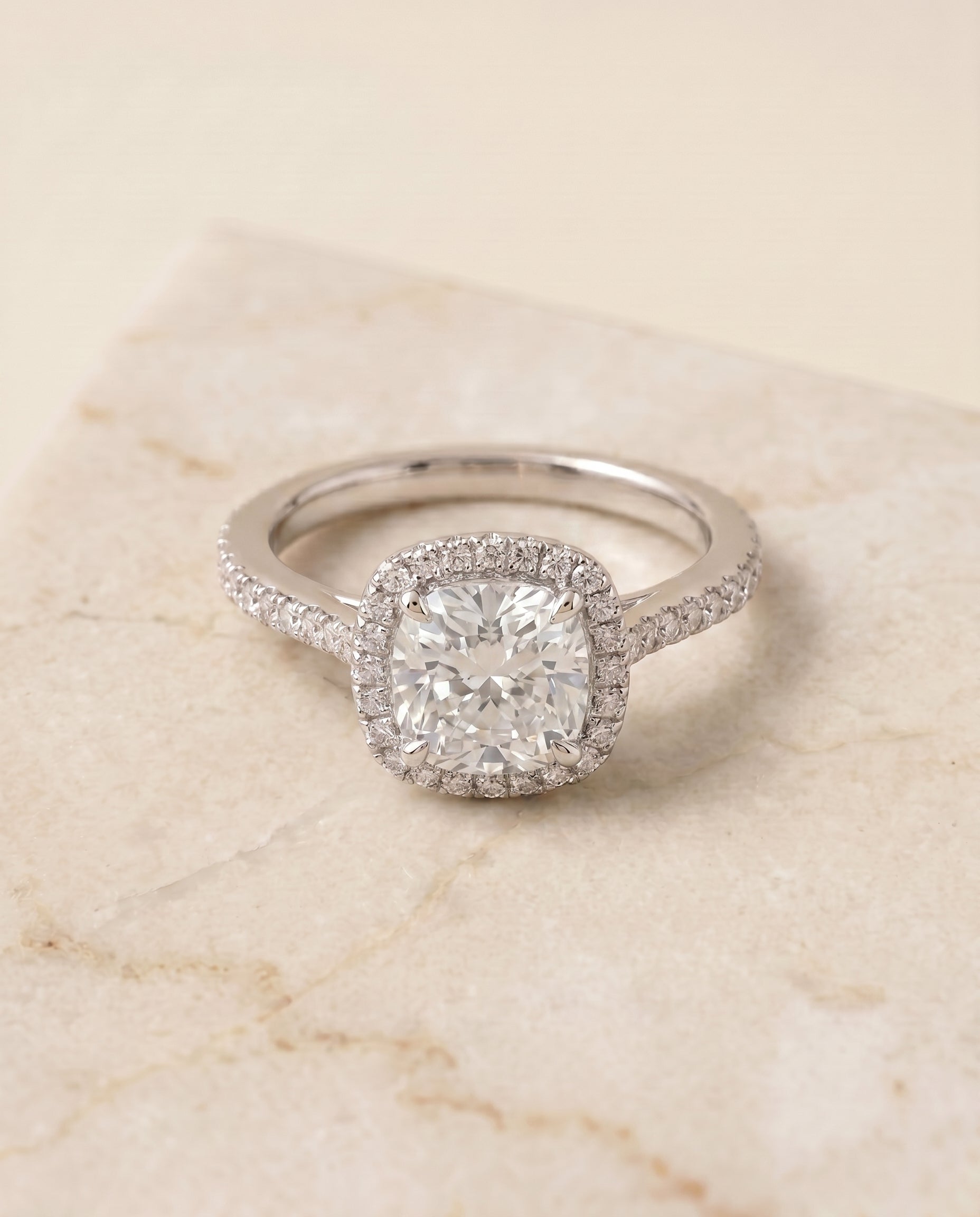 Sonata Select Graduated Shank Pave Halo Cushion in Platinum – view 1