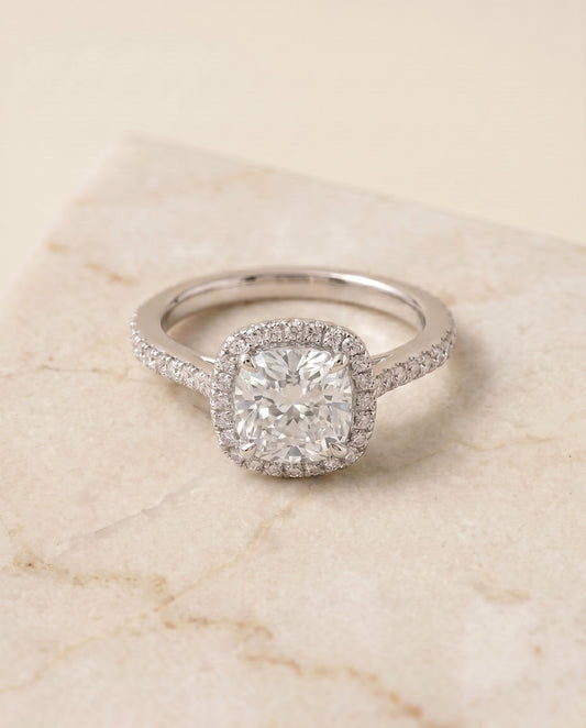 Sonata Select Graduated Shank Pave Halo Cushion in Platinum – view 1
