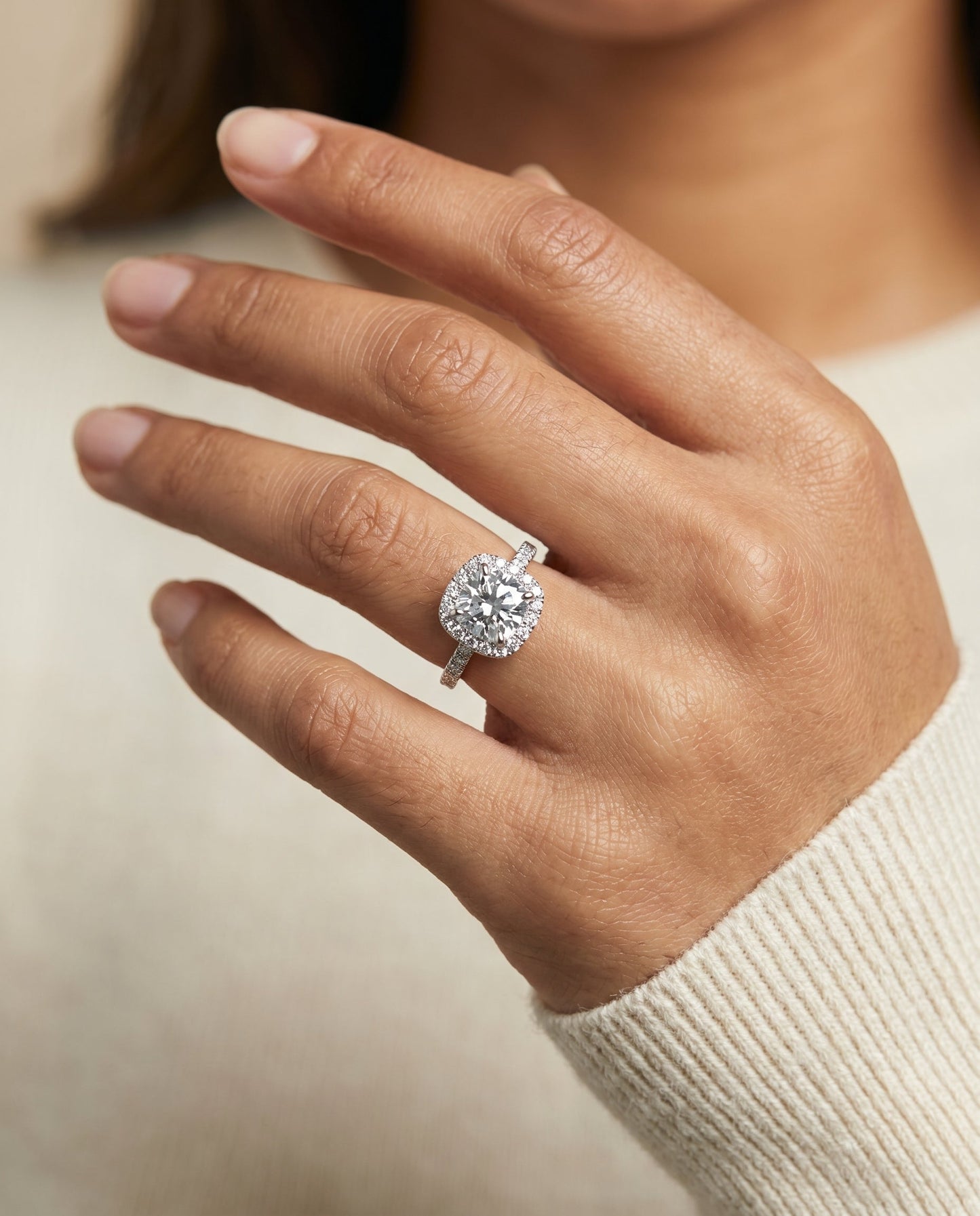 Sonata Select Graduated Shank Pave Halo Cushion in Platinum – view 3