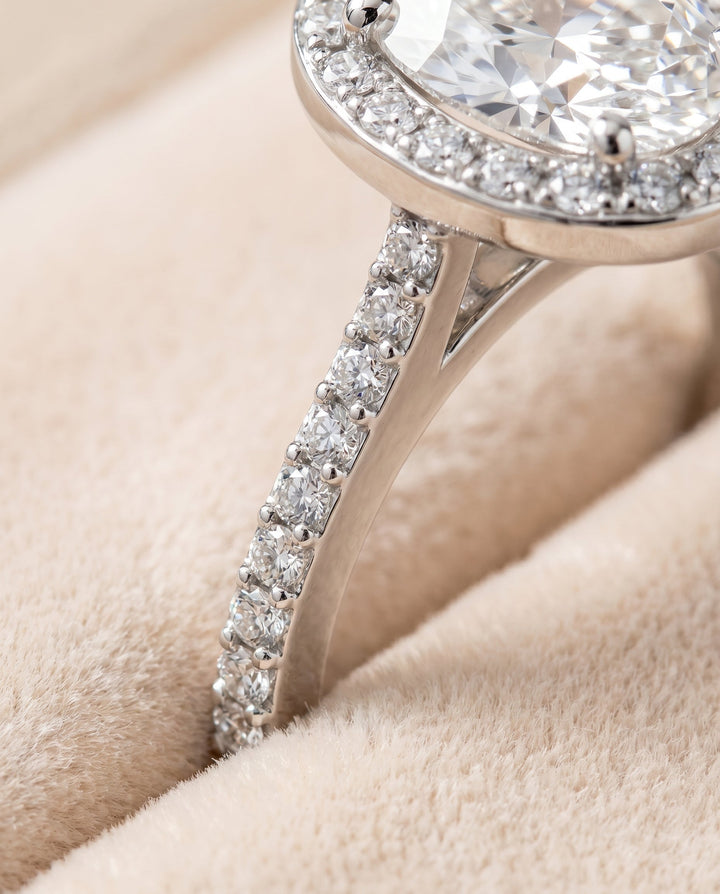 ตัวเรือนแหวนหมั้นประดับเพชรทรงกลม Taylor Pavé Halo สำหรับเพชรรูปไข่ ทองคำขาว 18K