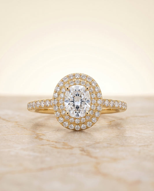 The Whitney Pavé Halo Engagement Ring Setting for Oval Diamonds in 18K Yellow Gold | RockHer