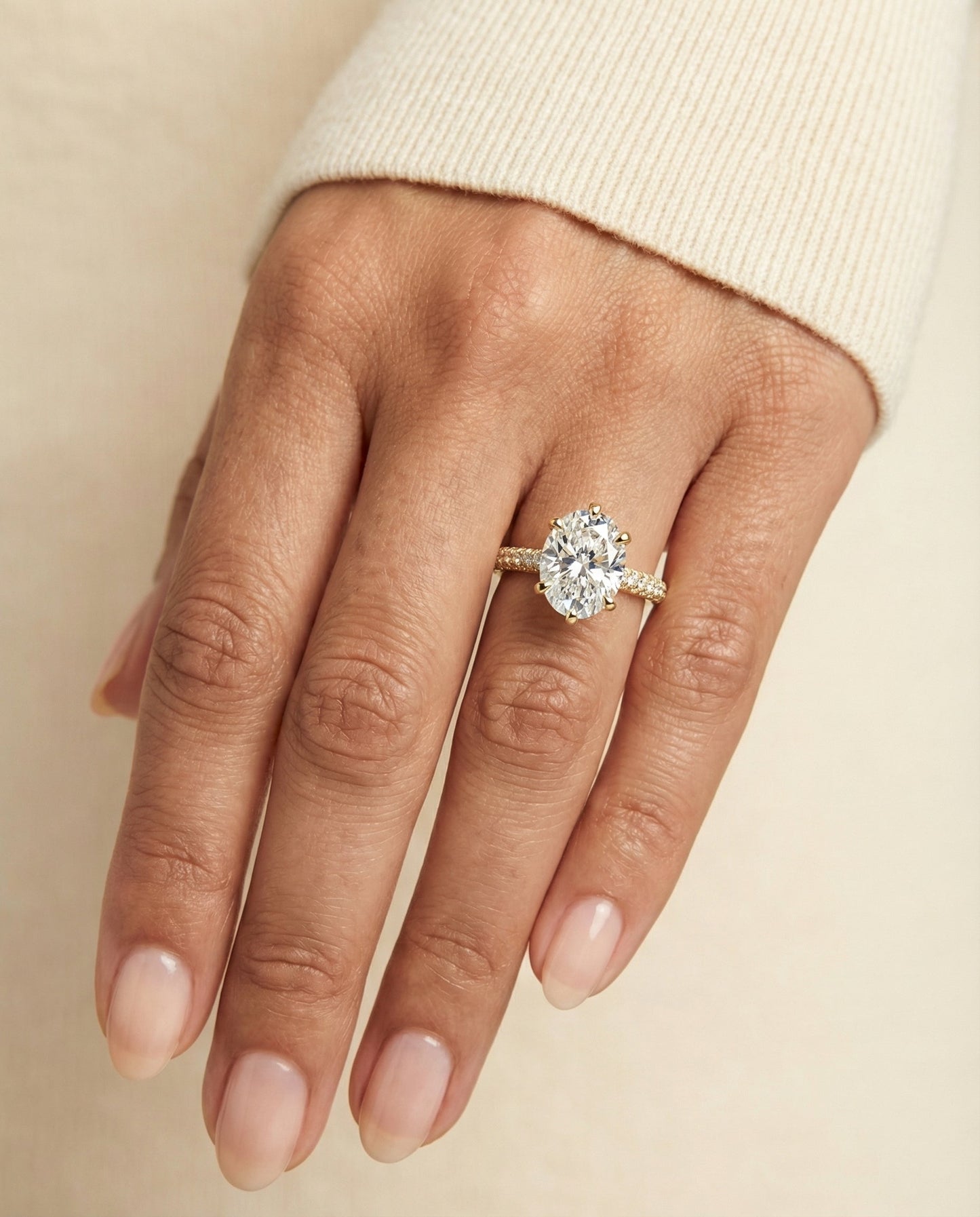 Three Row French Pavé Oval, in 18K Yellow Gold – lifestyle shot | RockHer
