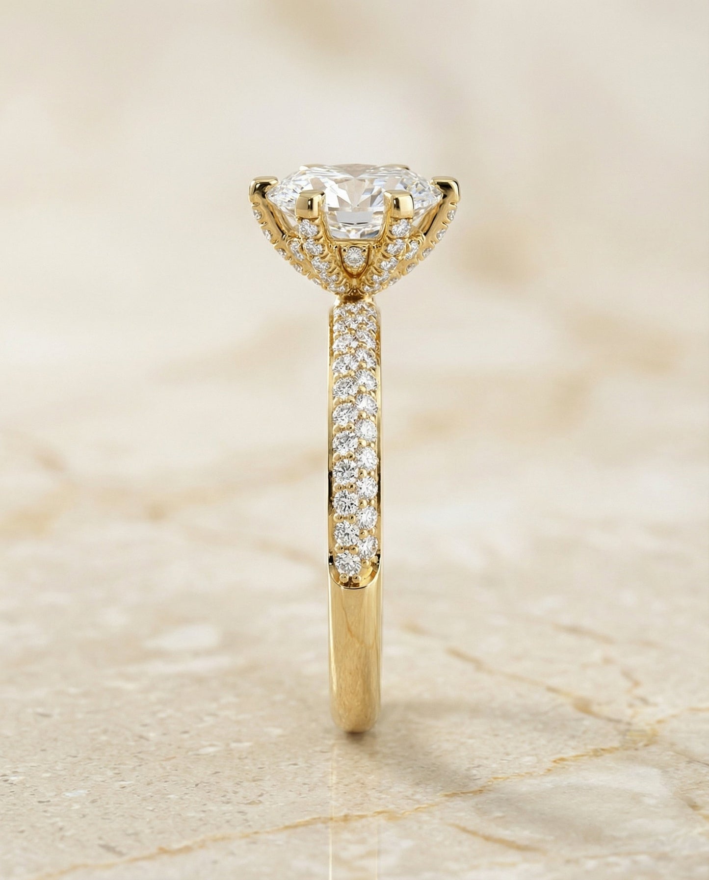 Three Row French Pavé Oval, in 18K Yellow Gold – side profile | RockHer