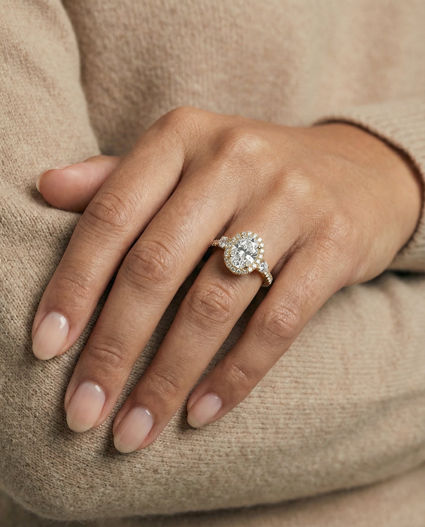 Ivy Select three stone delicate halo oval oval ring in 14K Yellow Gold — front — RockHer