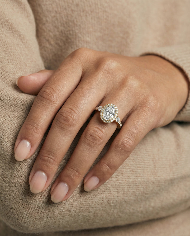 Three Stone Delicate Halo Oval, in 18K Yellow Gold – lifestyle shot | RockHer