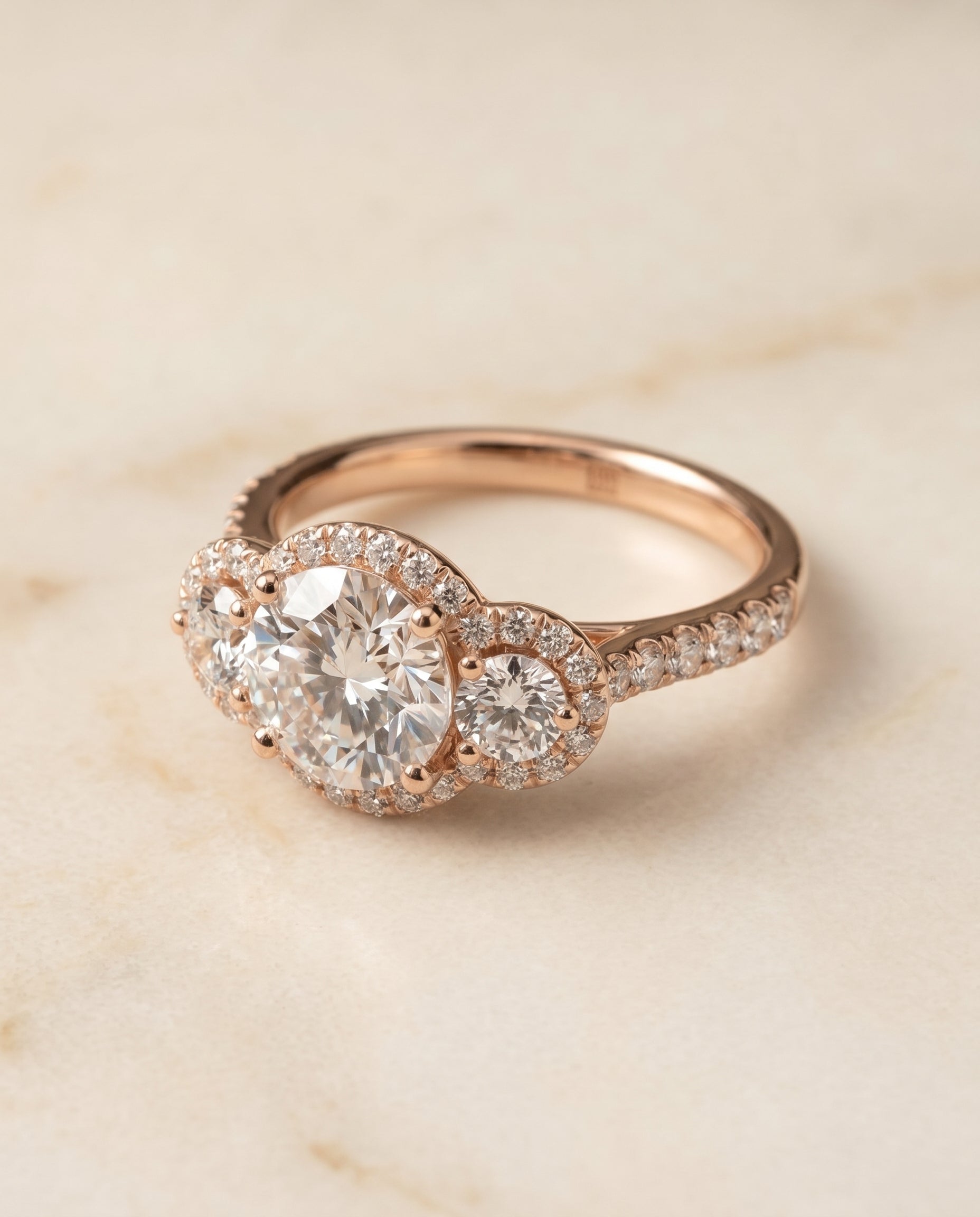 Andrea Select Three Stone Halo in 14K Rose Gold – view 1