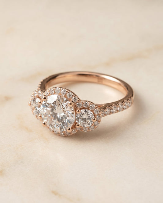 Andrea Select Three Stone Halo in 14K Rose Gold – view 1