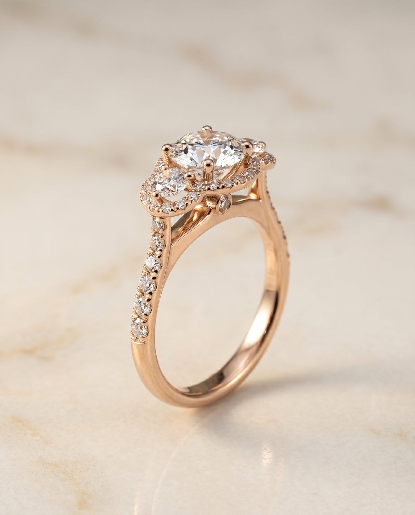 Andrea Select Three Stone Halo in 14K Rose Gold – view 2