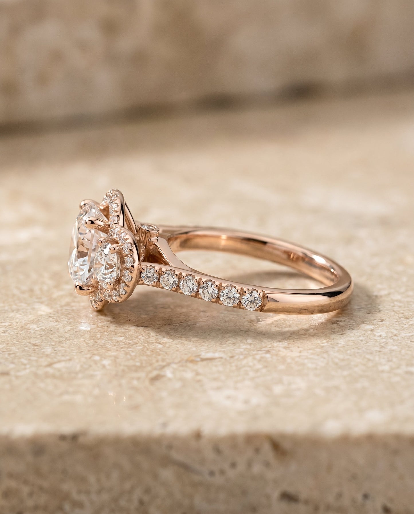 Andrea Select Three Stone Halo in 14K Rose Gold – view 6