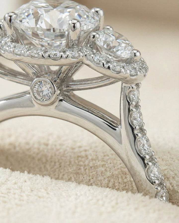 Round Brilliant, Three Stone Halo, in Platinum, pave setting – detail view | RockHer