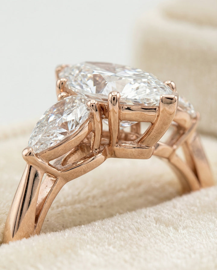 Three Stone Matched Shape Marquise, in 14K Rose Gold, prong setting – detail view | RockHer
