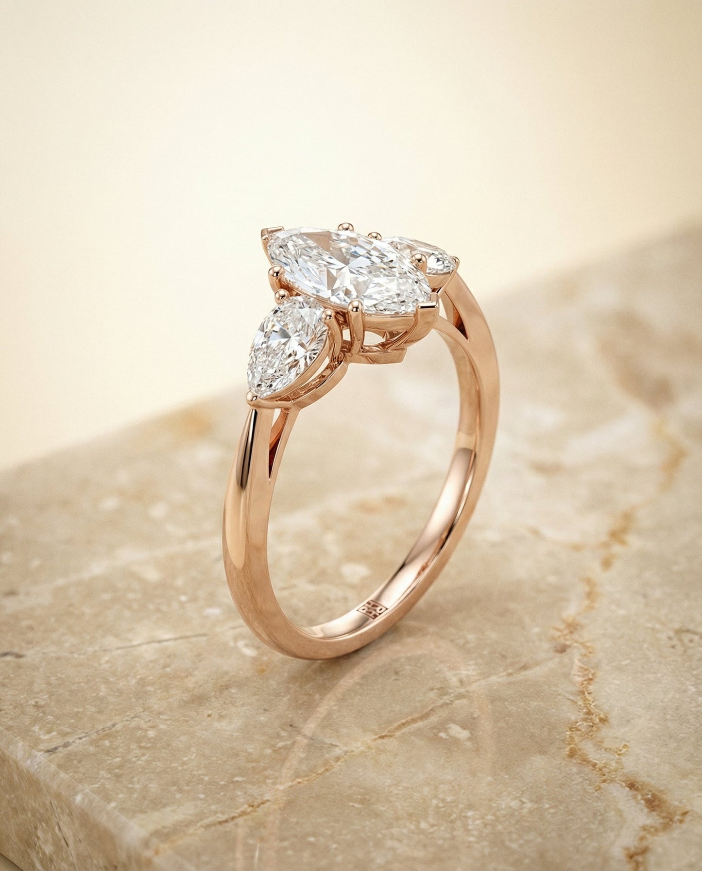 Three Stone Matched Shape Marquise, in 14K Rose Gold, prong setting – front view | RockHer