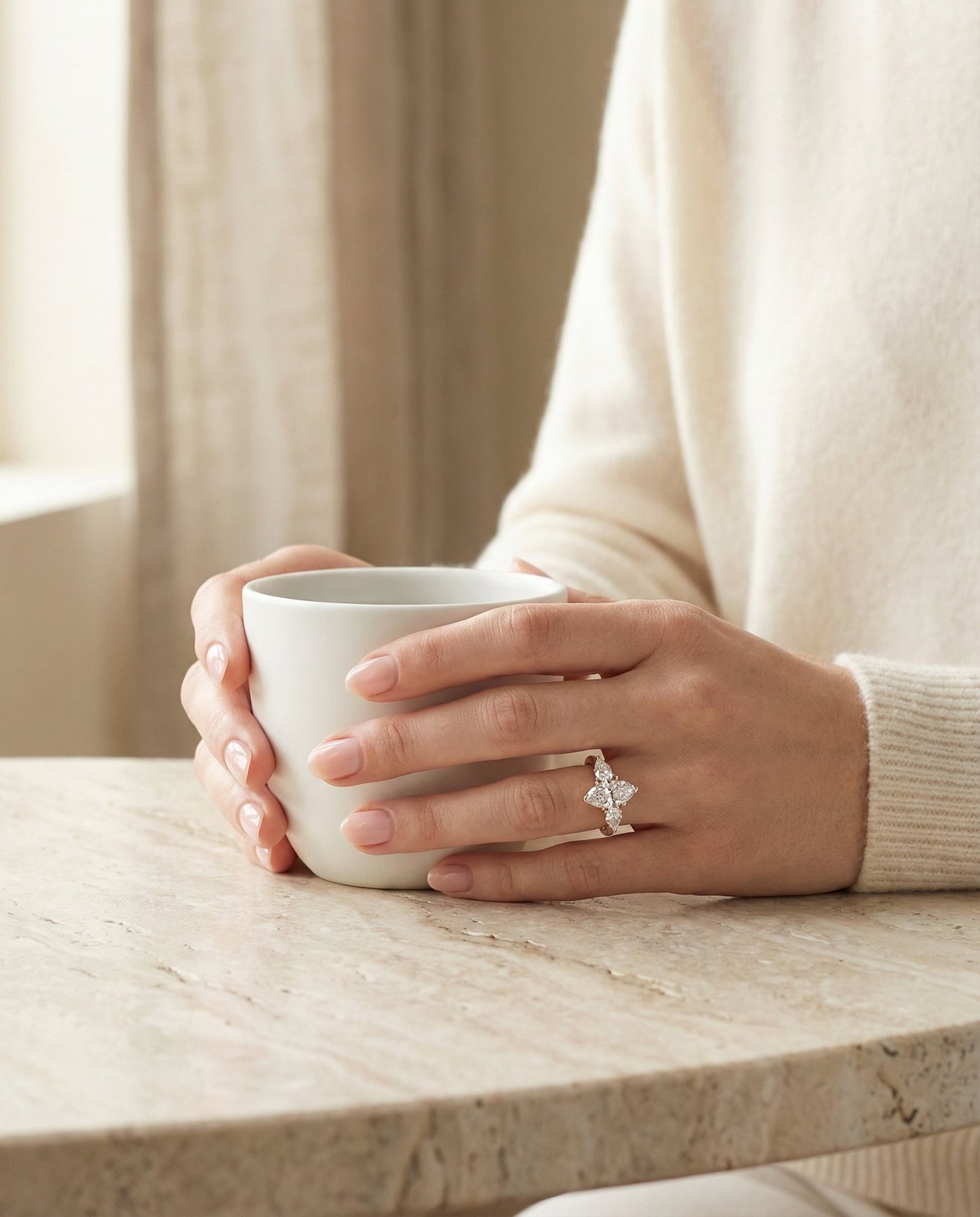 Three Stone Matched Shape Marquise, in 14K Rose Gold, prong setting – lifestyle shot | RockHer