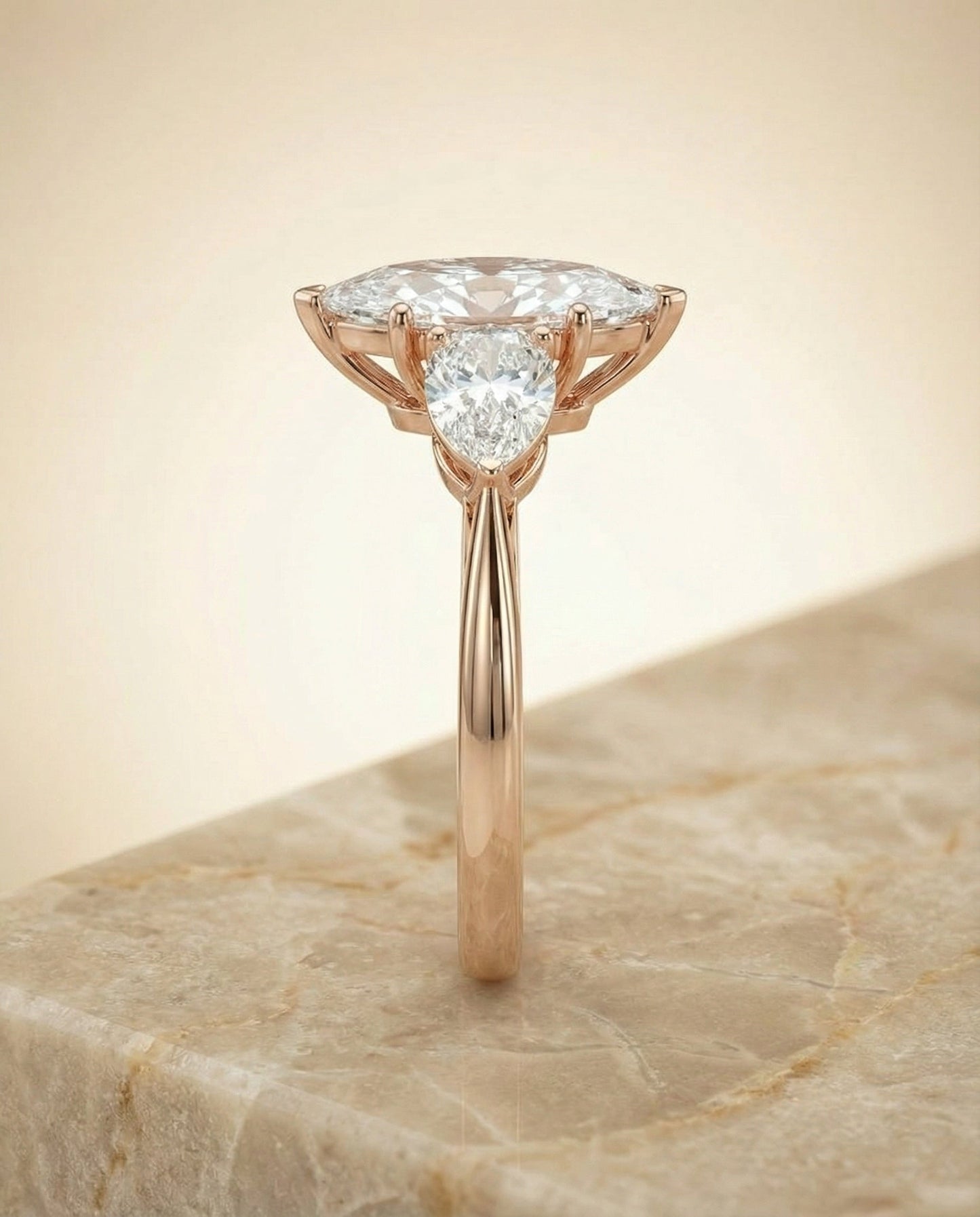 Three Stone Matched Shape Marquise, in 14K Rose Gold, prong setting – side profile | RockHer