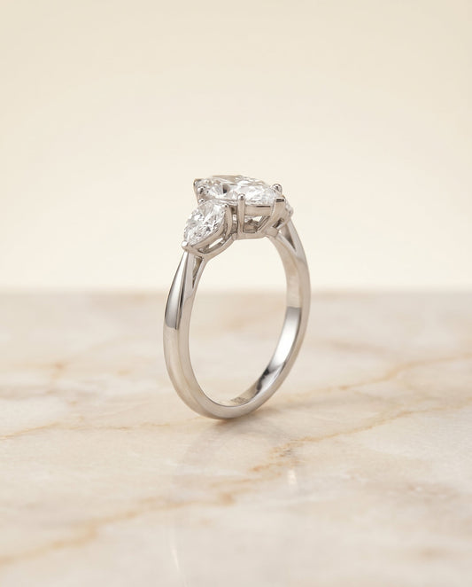 Three Stone Matched Shape Marquise, in Platinum, prong setting – angled view | RockHer