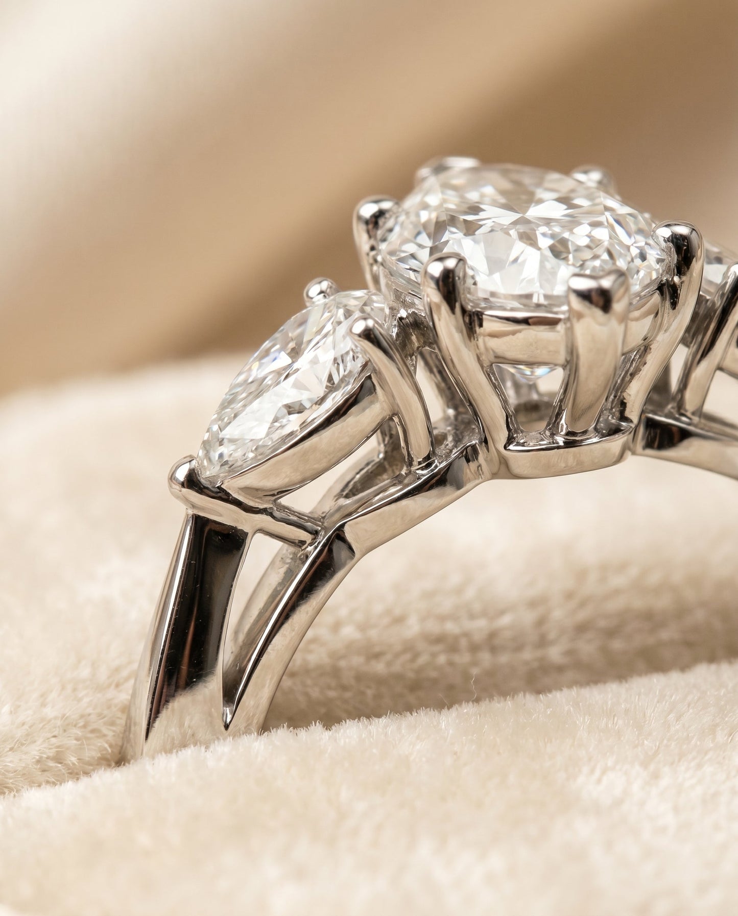 Three Stone Matched Shape Marquise, in Platinum, prong setting – detail view | RockHer
