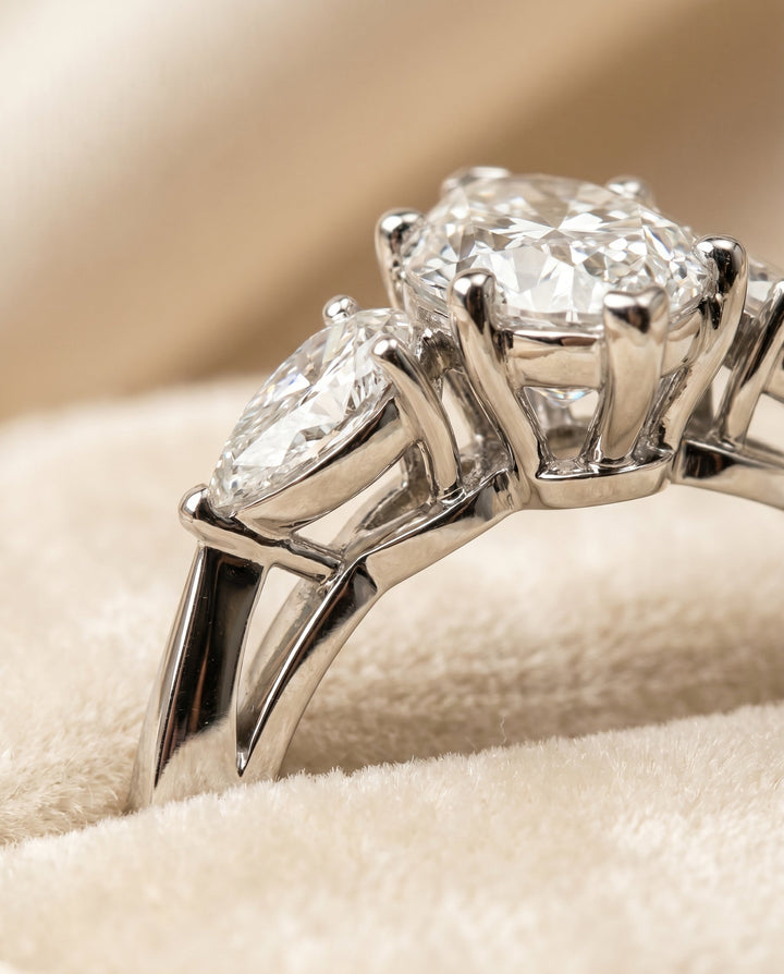Three Stone Matched Shape Marquise, in Platinum, prong setting – detail view | RockHer