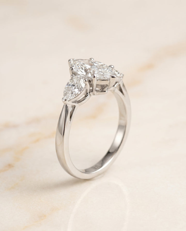 Three Stone Matched Shape Marquise, in Platinum, prong setting – front view | RockHer