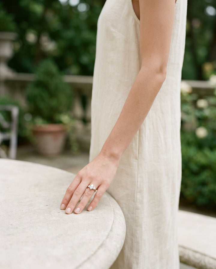 Three Stone Matched Shape Marquise, in Platinum, prong setting – lifestyle shot | RockHer