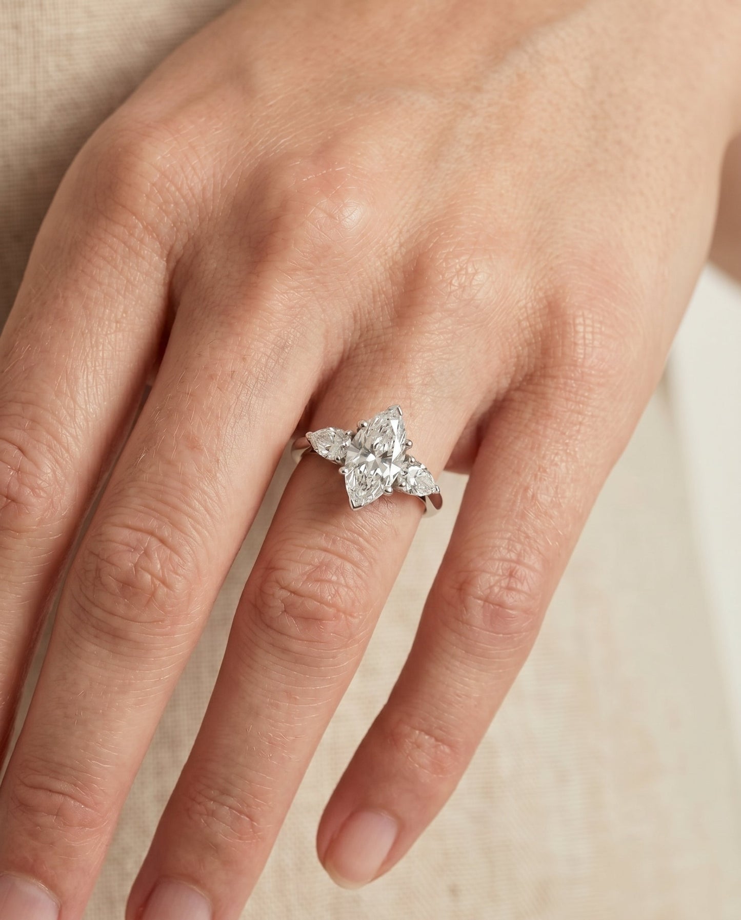 Three Stone Matched Shape Marquise, in Platinum, prong setting – lifestyle shot | RockHer