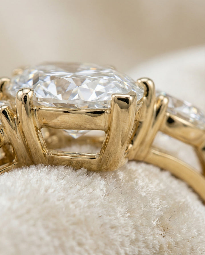 Three Stone Matched Shape Marquise, in 18K Yellow Gold, prong setting – detail view | RockHer