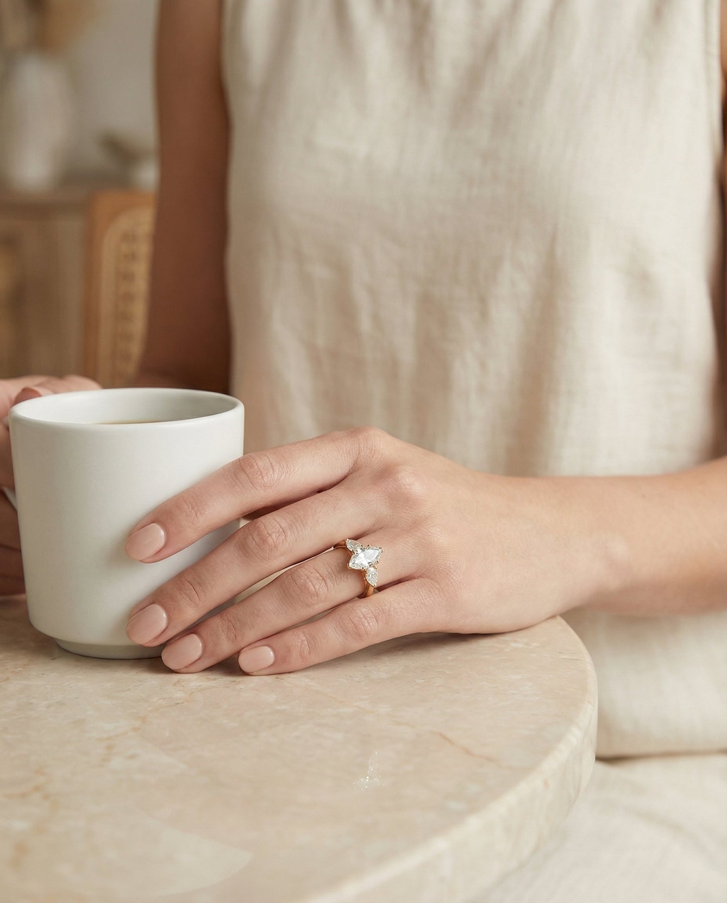 Three Stone Matched Shape Marquise, in 18K Yellow Gold, prong setting – lifestyle shot | RockHer