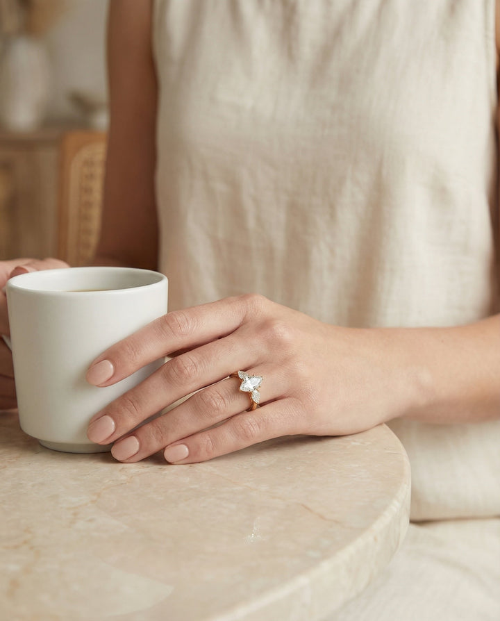 Three Stone Matched Shape Marquise, in 18K Yellow Gold, prong setting – lifestyle shot | RockHer