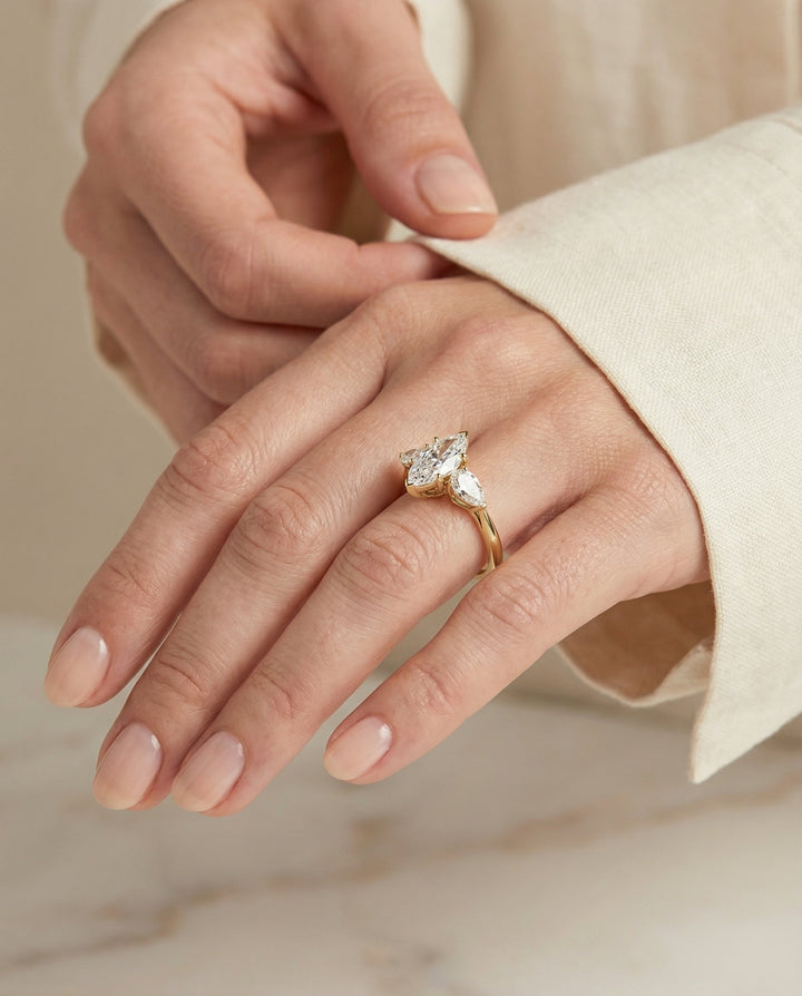Three Stone Matched Shape Marquise, in 18K Yellow Gold, prong setting – lifestyle shot | RockHer