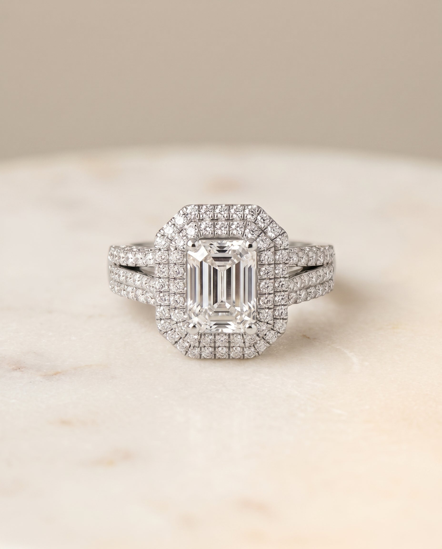 The Mariah Pavé Halo Engagement Ring Setting for Emerald Cut Diamonds in 18K White Gold | RockHer