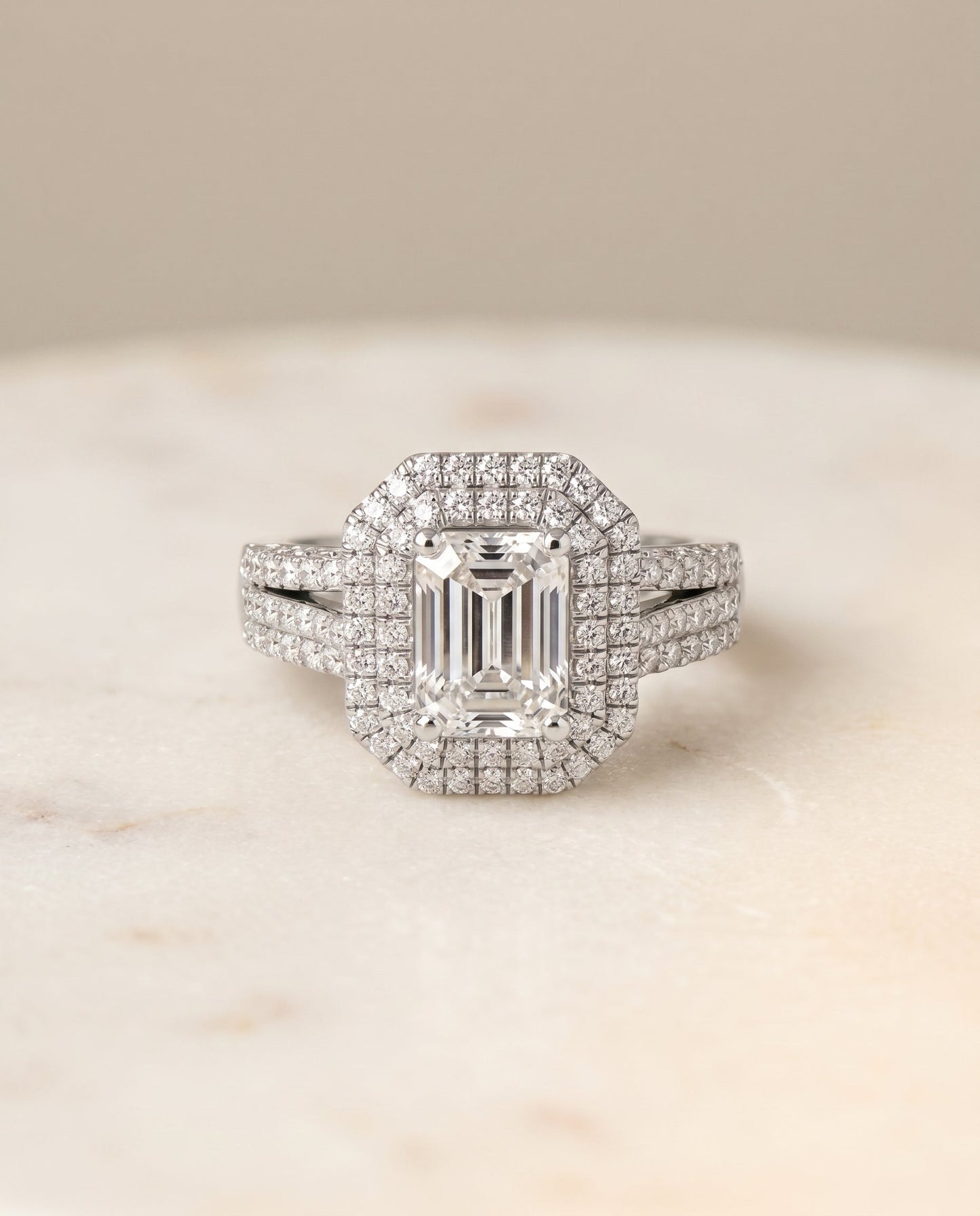 The Mariah Pavé Halo Engagement Ring Setting for Emerald Cut Diamonds in 18K White Gold | RockHer