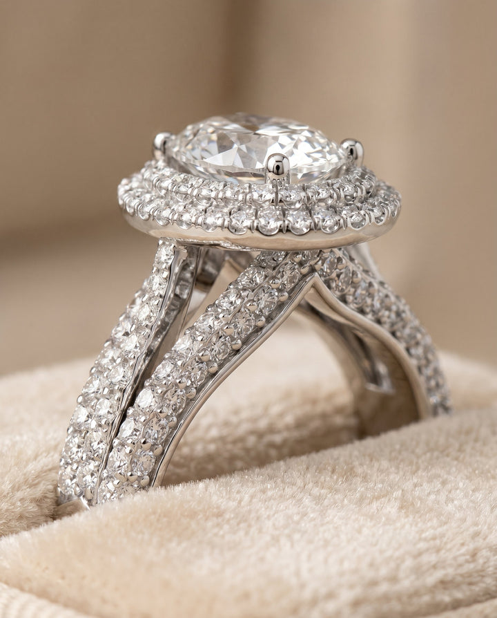 Mariah Select Three Tier Halo Crown Emerald Cut in 18K White Gold – view 4
