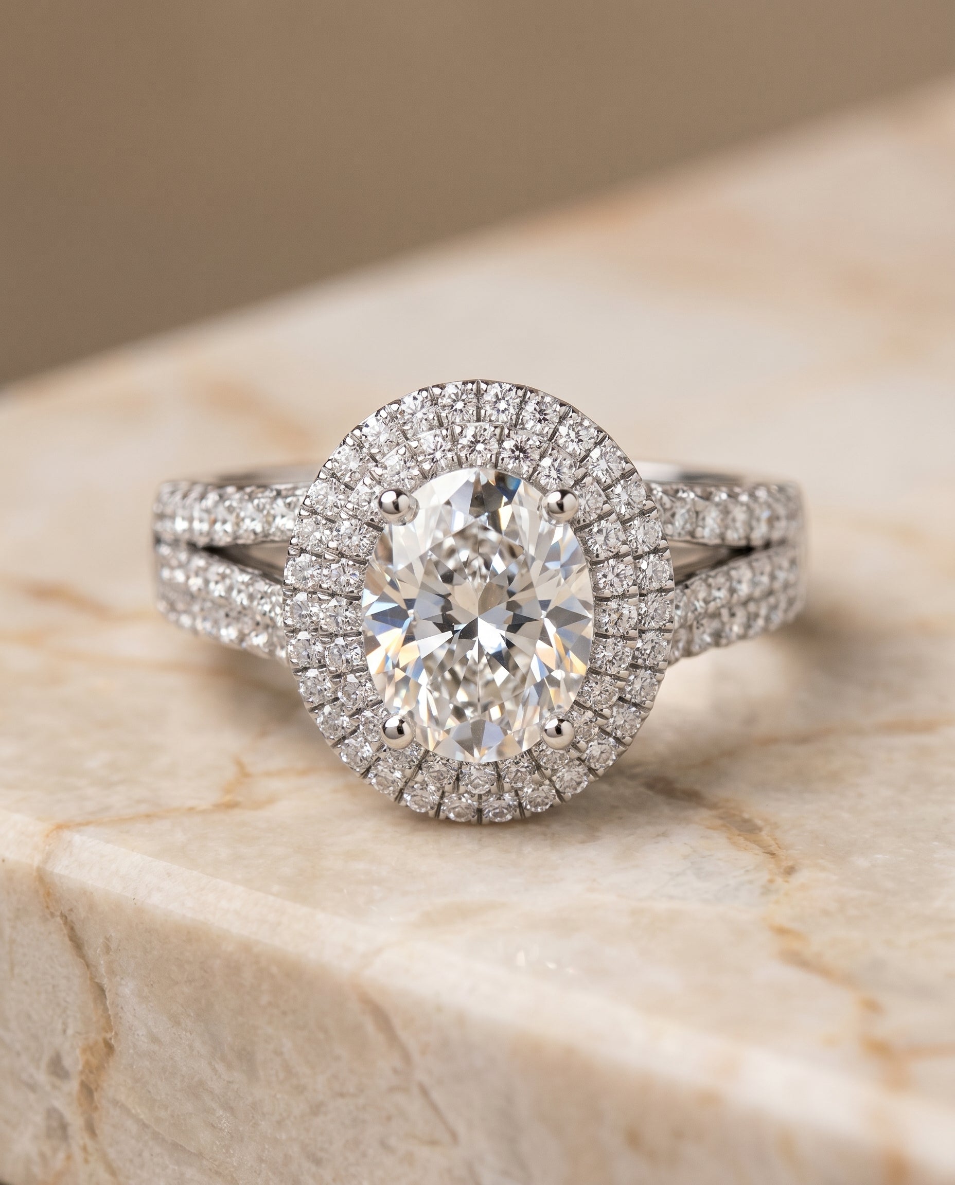 Mariah Select Three Tier Halo Crown Emerald Cut in 18K White Gold – view 1