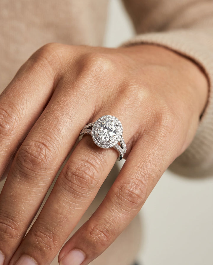 Mariah Select Three Tier Halo Crown Emerald Cut in Platinum – view 3