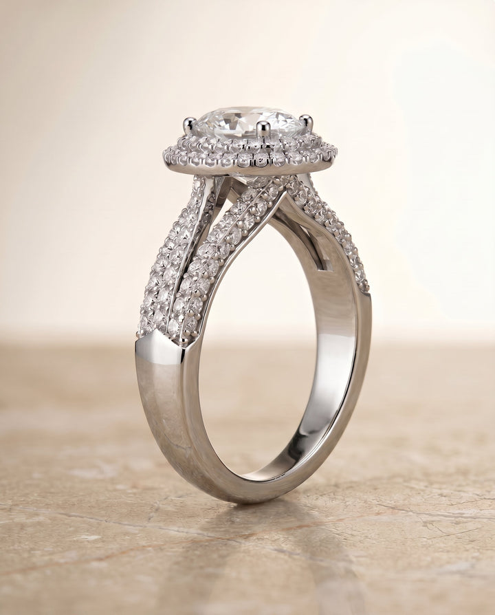 Mariah Select Three Tier Halo Crown Emerald Cut in 18K White Gold – view 5