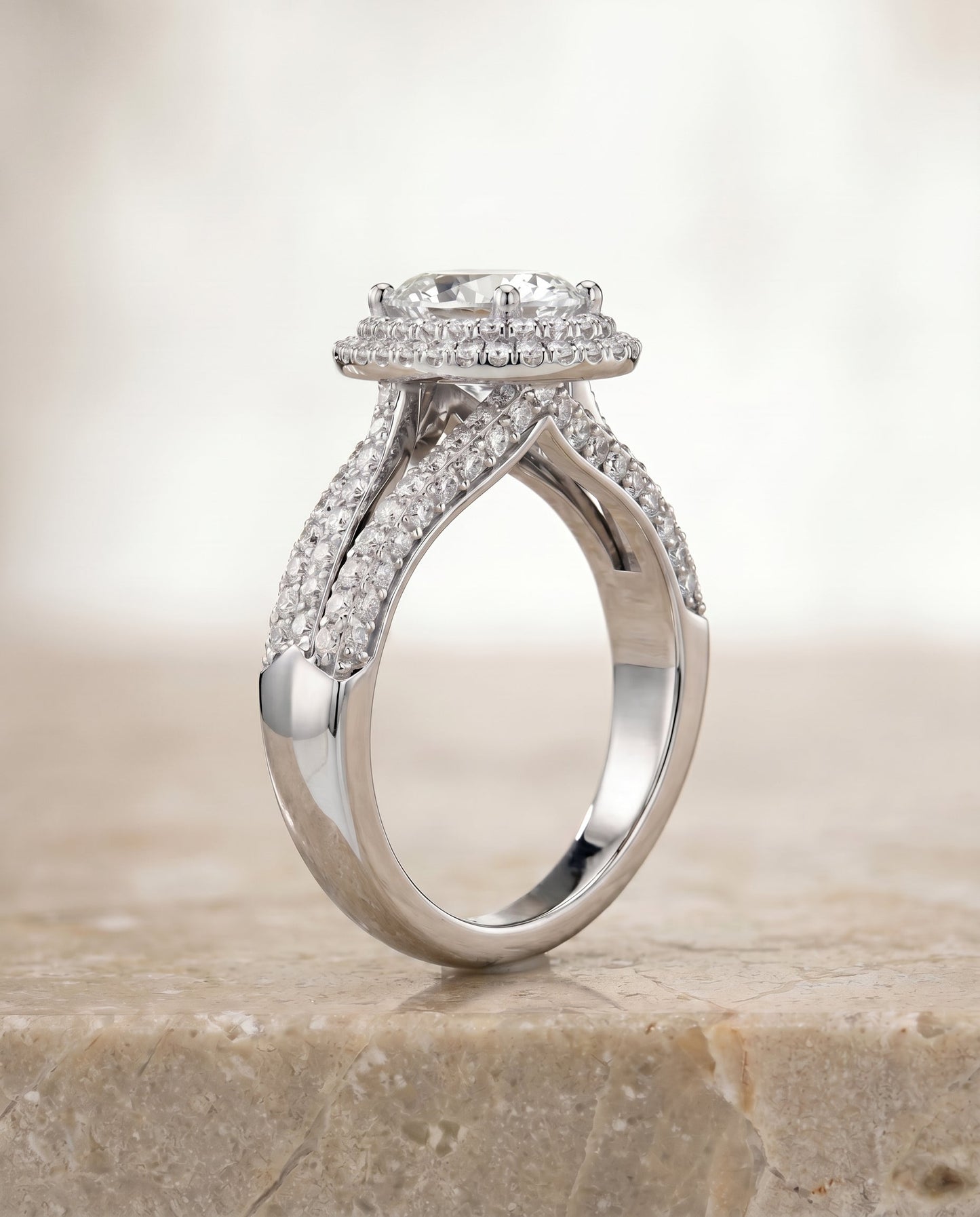 Mariah Select Three Tier Halo Crown Emerald Cut in 18K White Gold – view 2