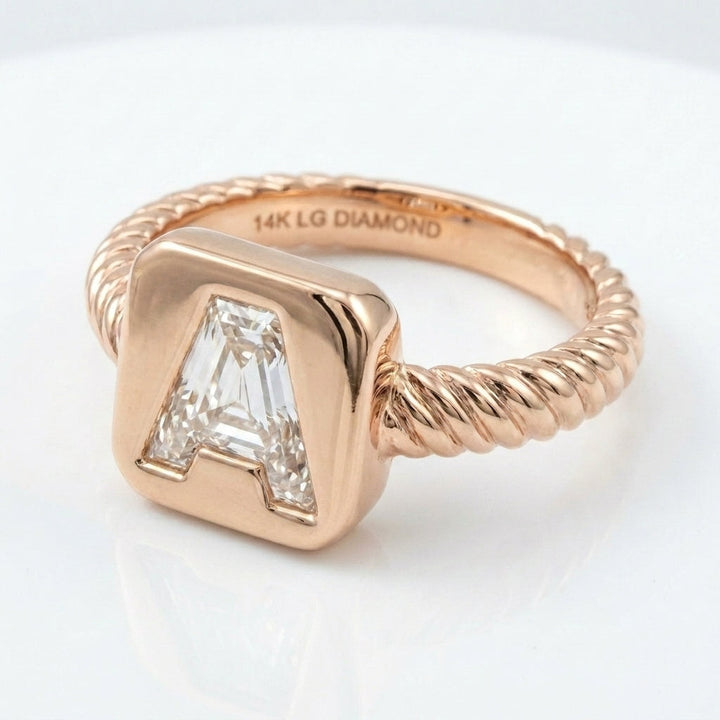 Women's Twisted Band lab-grown diamond letter signet ring in 14K Rose Gold, letter A, product photography
