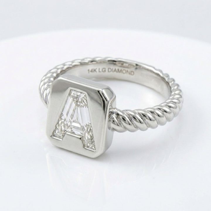 Women's Twisted Band lab-grown diamond letter signet ring in 14K White Gold, letter A, product photography