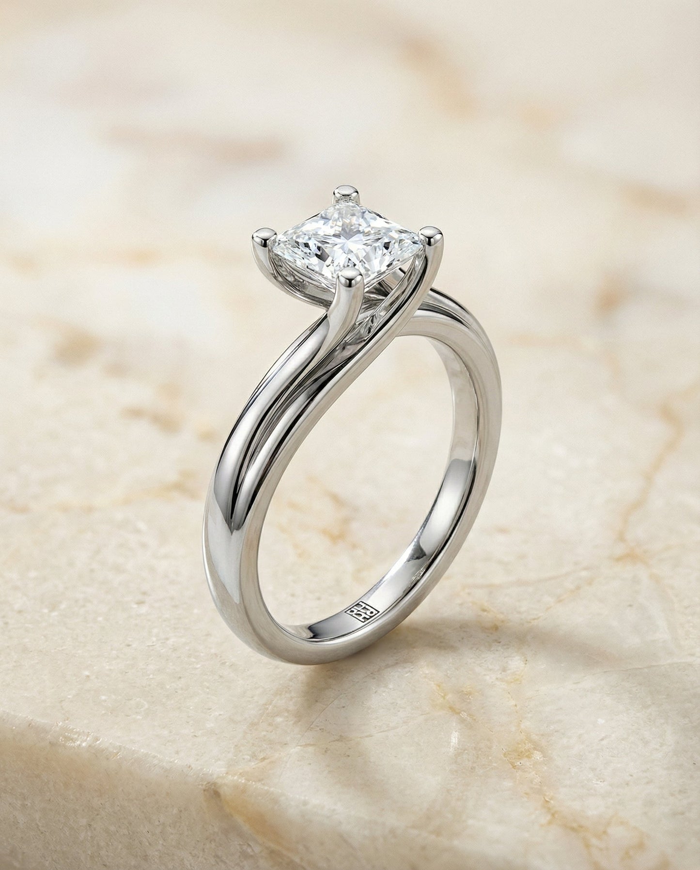 Twisted Bypass Solitaire Princess, in 18K White Gold – front view | RockHer