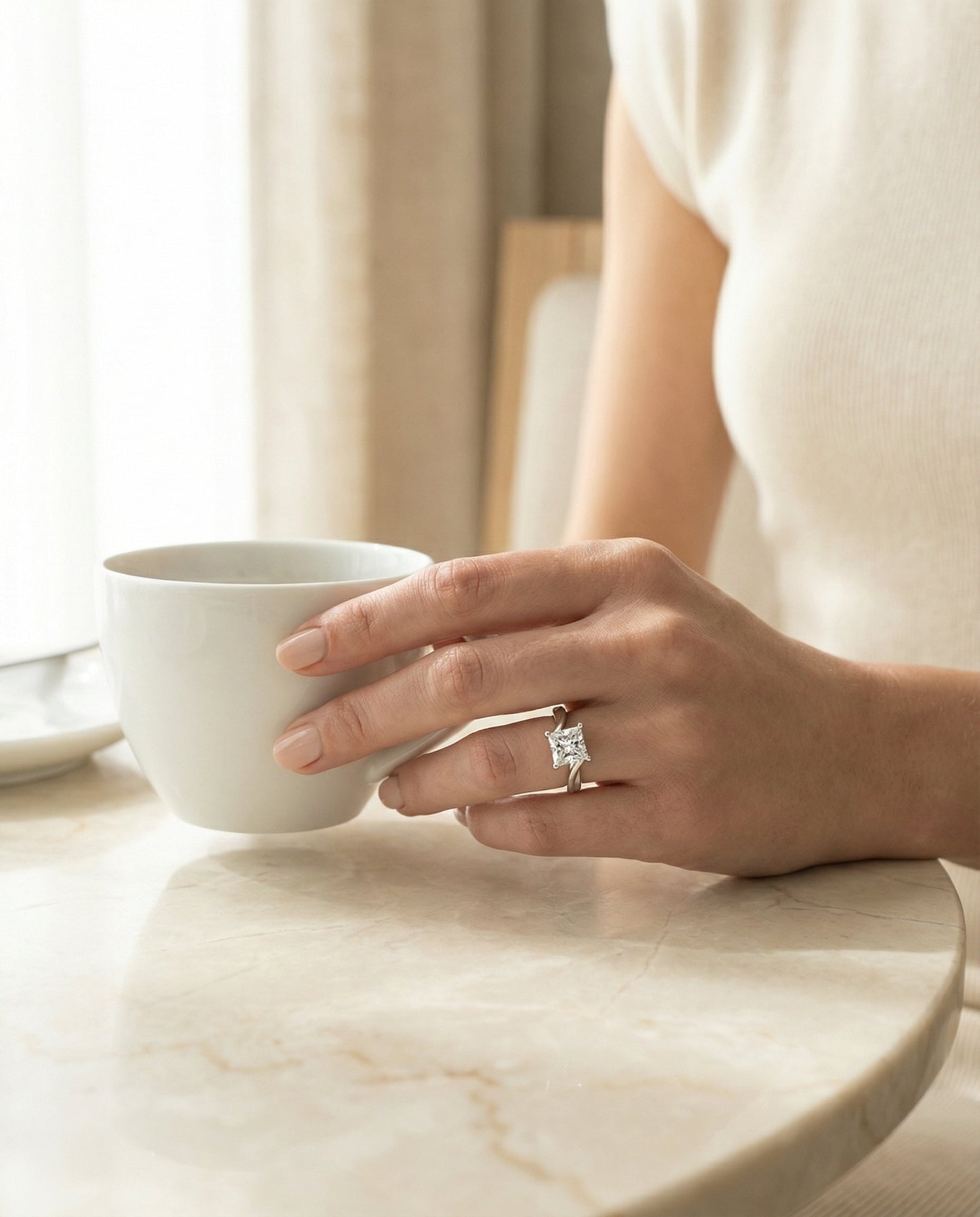 Twisted Bypass Solitaire Princess, in 18K White Gold – lifestyle shot | RockHer