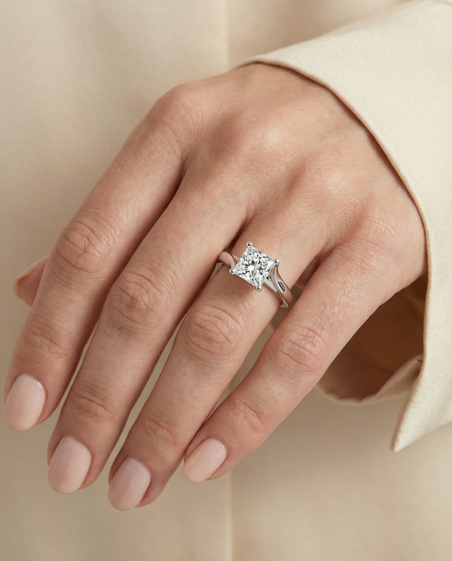 Twisted Bypass Solitaire Princess, in 18K White Gold – lifestyle shot | RockHer