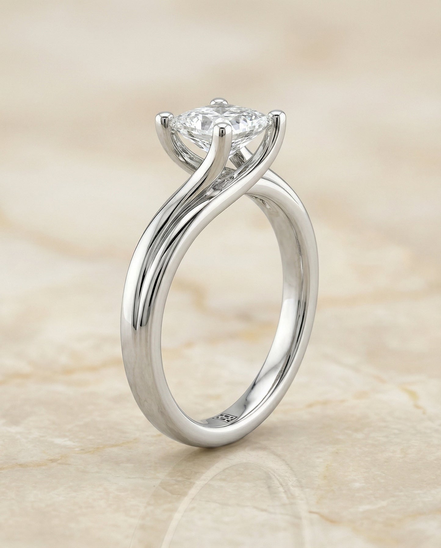 Twisted Bypass Solitaire Princess, in Platinum – side profile | RockHer