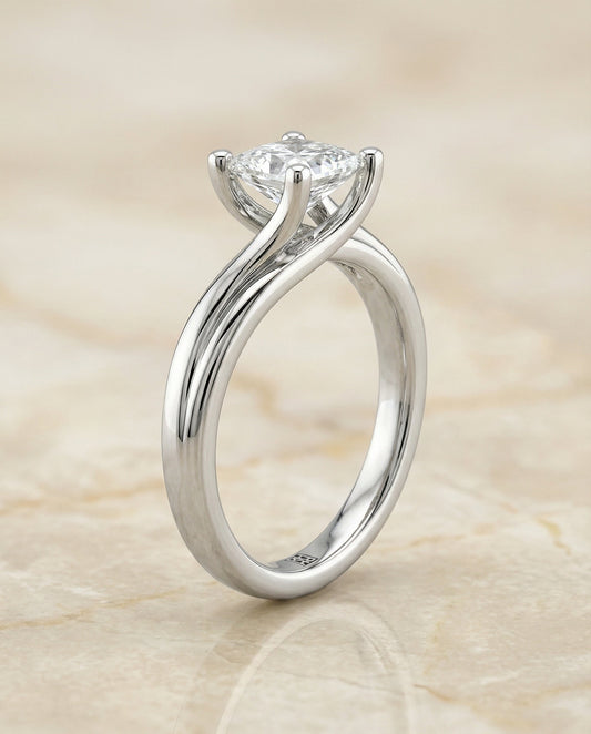Twisted Bypass Solitaire Princess, in 18K White Gold – side profile | RockHer