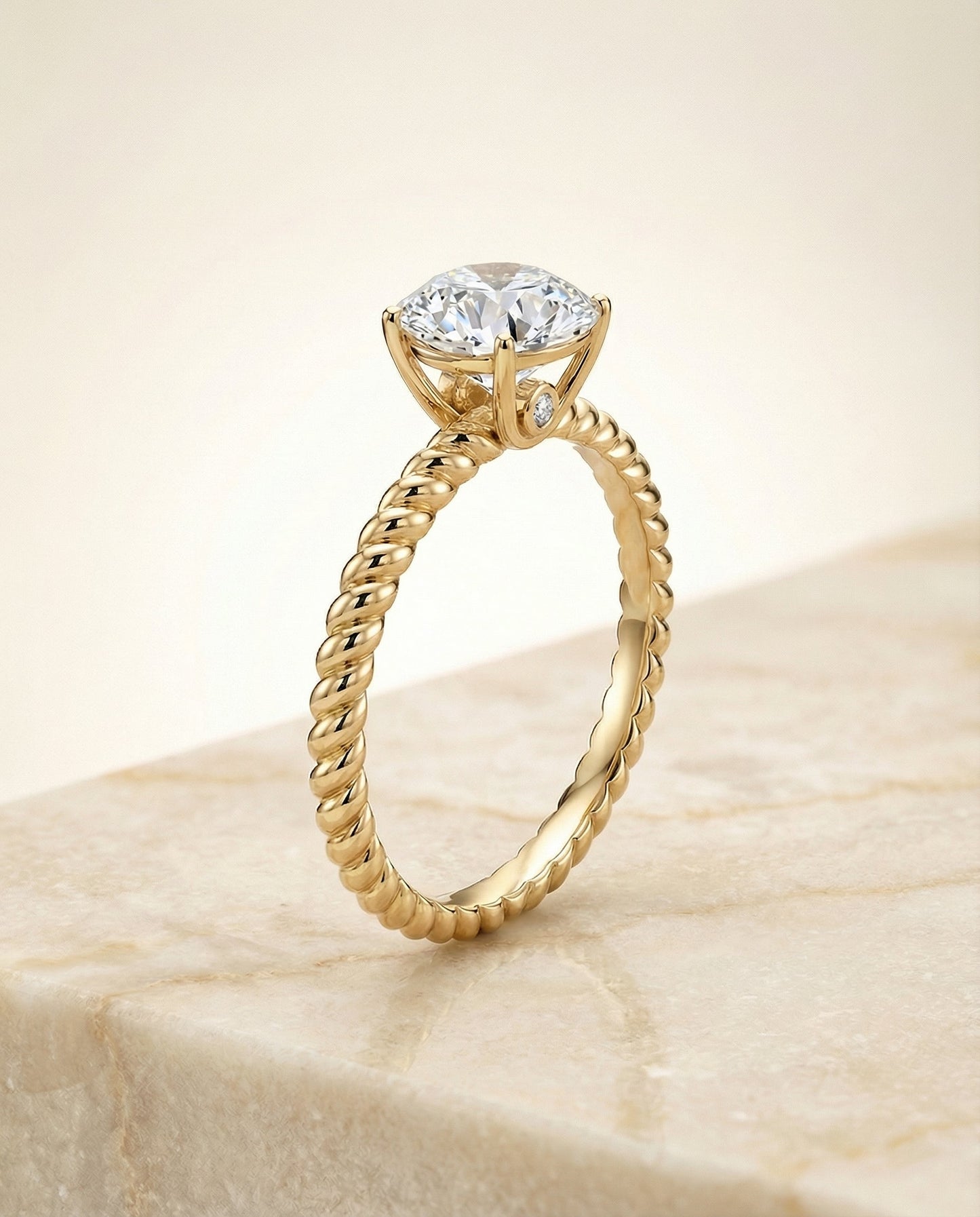 Round Brilliant, Twisted Rope Surprise Stone Solitaire, in 18K Yellow Gold – front view | RockHer