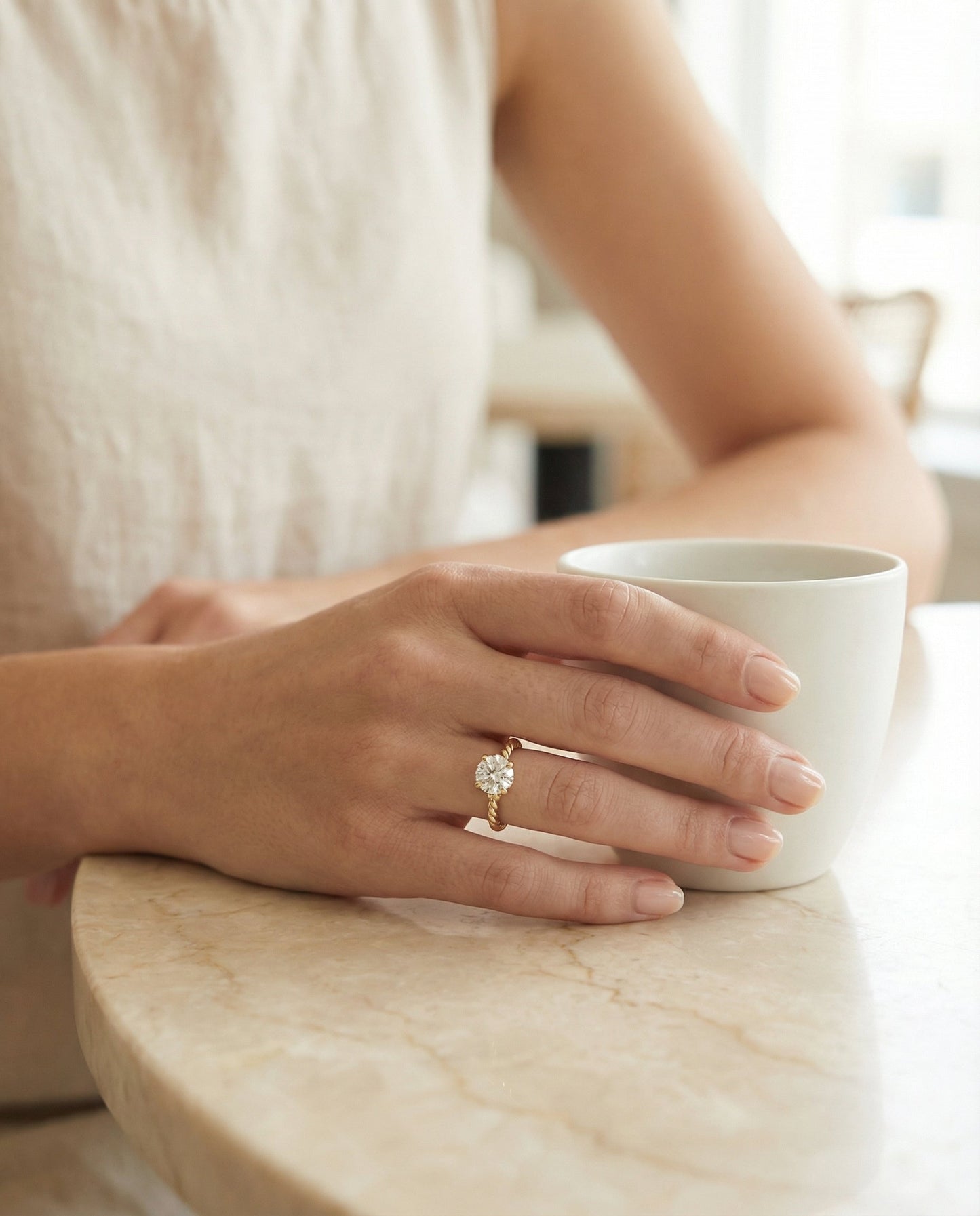 Round Brilliant, Twisted Rope Surprise Stone Solitaire, in 18K Yellow Gold – lifestyle shot | RockHer