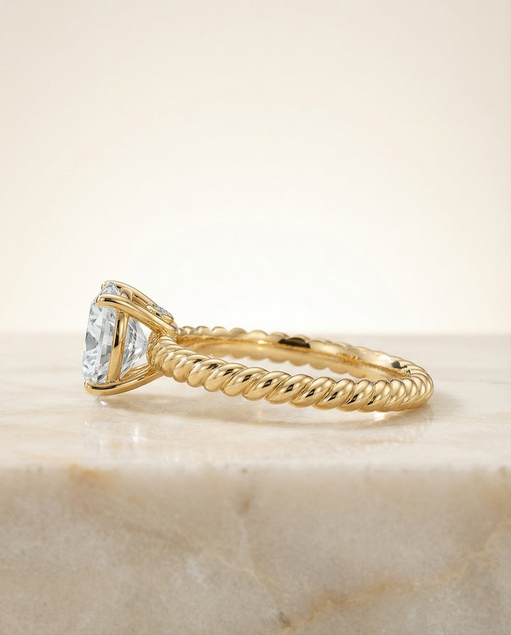 Round Brilliant, Twisted Rope Surprise Stone Solitaire, in 18K Yellow Gold – side profile | RockHer