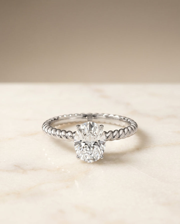 Charlie twisted rope surprise stone solitaire engagement ring in 18K white gold with oval lab diamond — RockHer