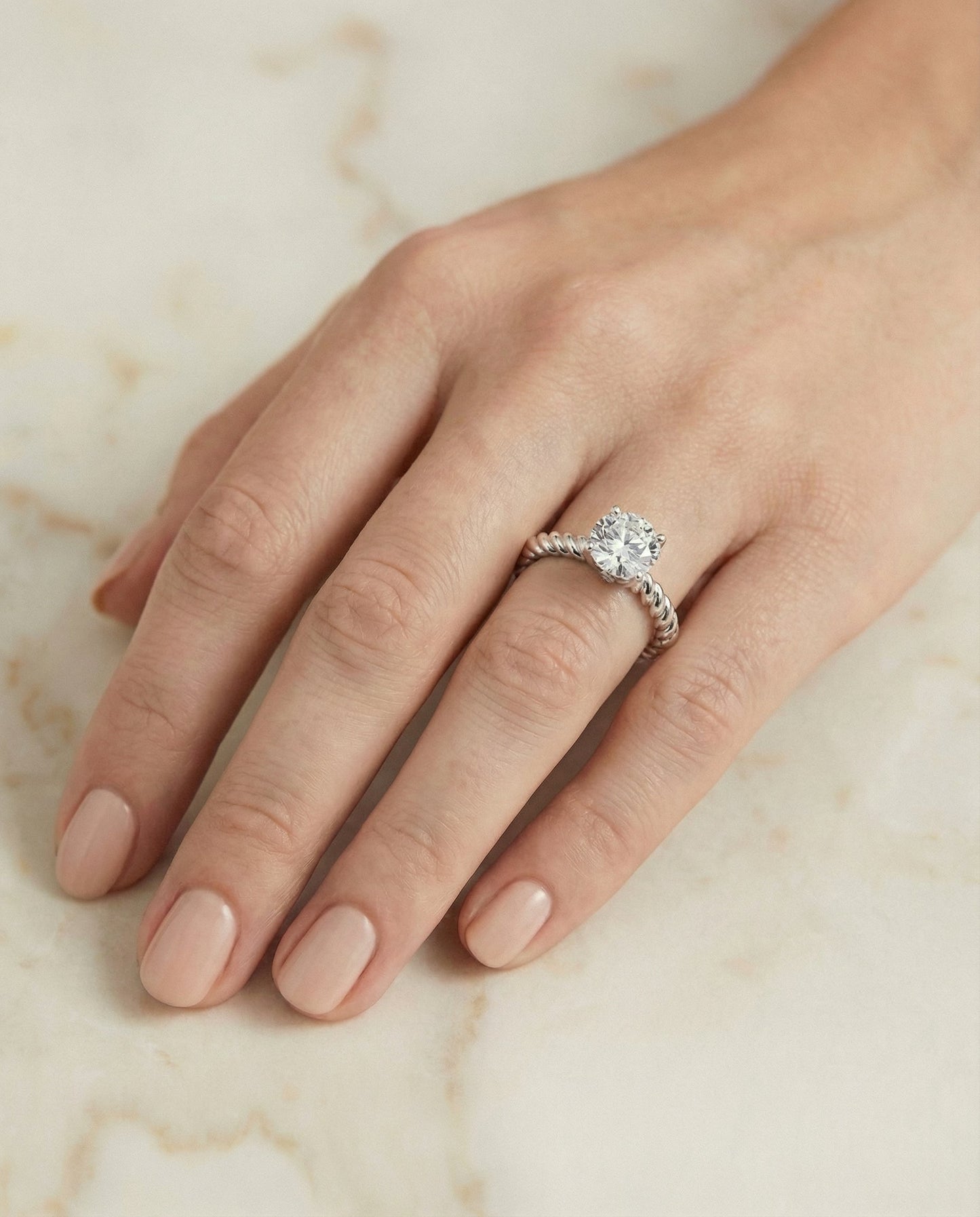 Round Brilliant, Twisted Rope Surprise Stone Solitaire, in Platinum – lifestyle shot | RockHer