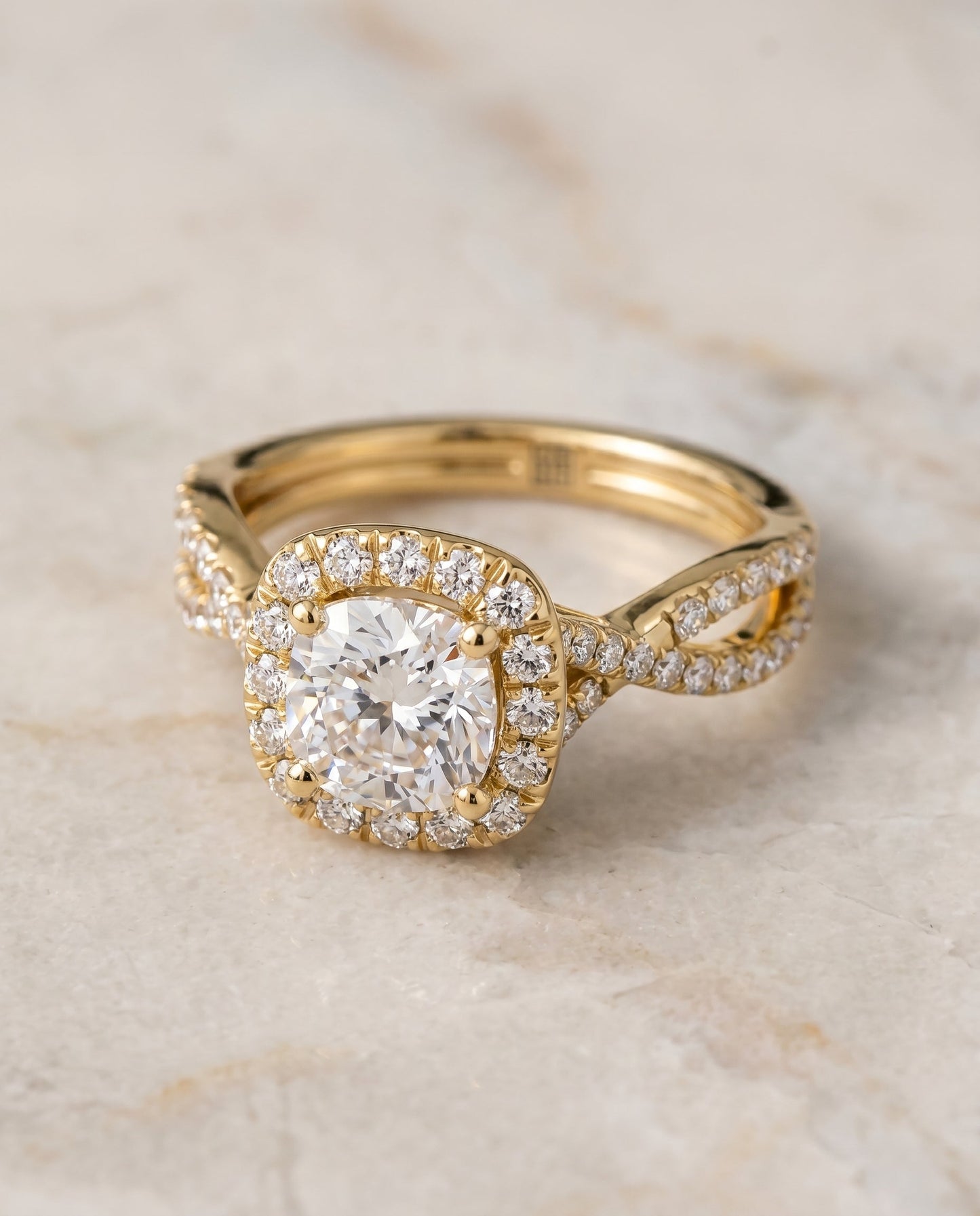 The Audra Twisted Scalloped Pavé Halo Engagement Ring Setting for Cushion Diamonds in 18K Yellow Gold | RockHer